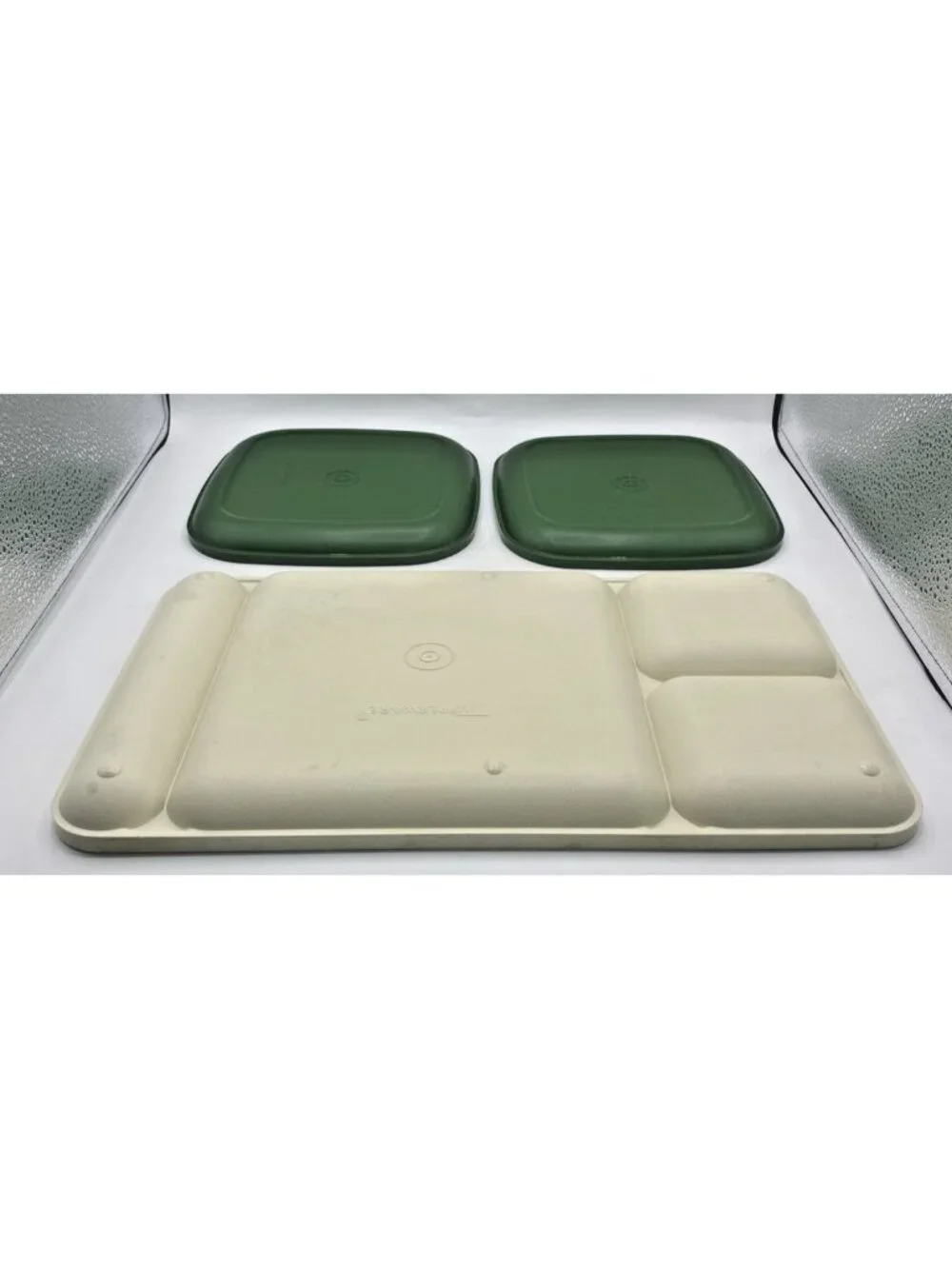 Vintage Tupperware 1 Almond Divided Tray #1535 & 2 Green Dove Square Plates
